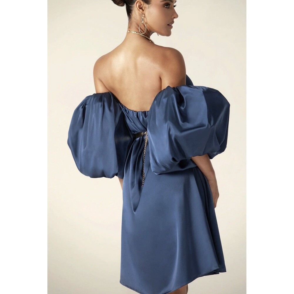 Alieva Puff Sleeve Satin Midi Dress Navy Blue Size Small NWT Party Dress - Picture 5 of 11